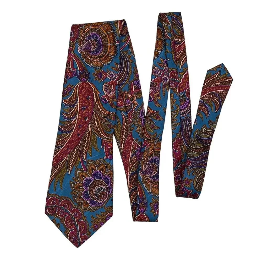 Vintage Burberry Paisley Blue Brown 100 Silk Han Sewn In USA Neck Tie